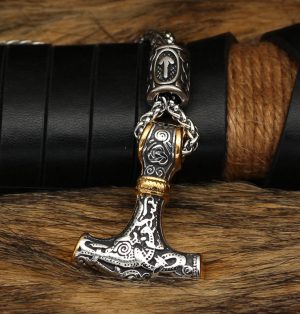 Viking Thor Hammer Stainless Steel Pendant Necklace 24 Chain Beads