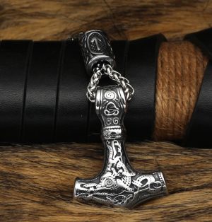 Viking Thor Hammer Stainless Steel Pendant Necklace 24 Chain Beads 4