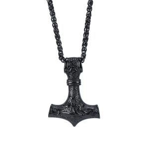 Viking Black Thor Hammer with Chain Stainless Steel Necklace